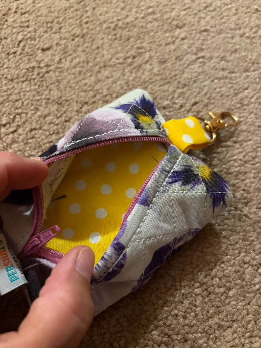 Quilted Purple Floral Key Pouch with Yellow Clip